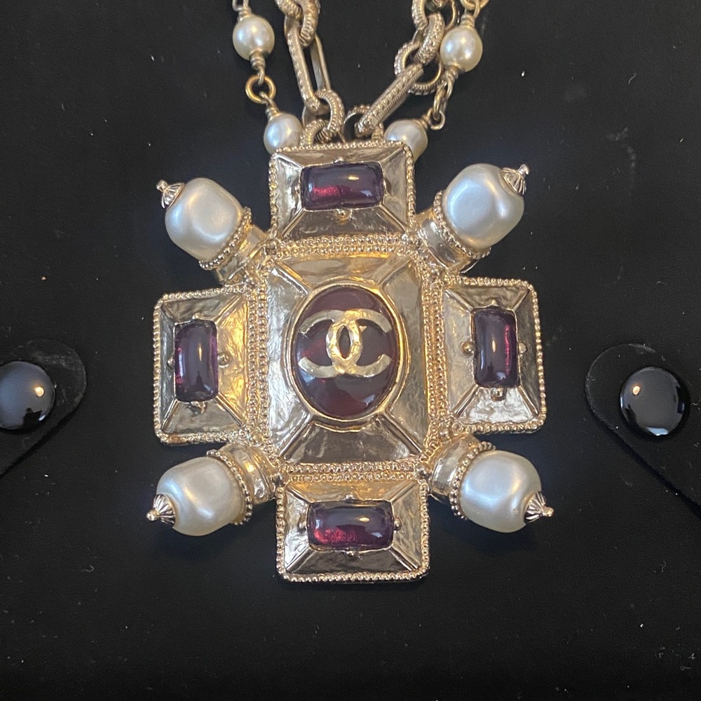 CHANEL Gold and Purple Cross Pendant Necklace - Picture 2 of 12